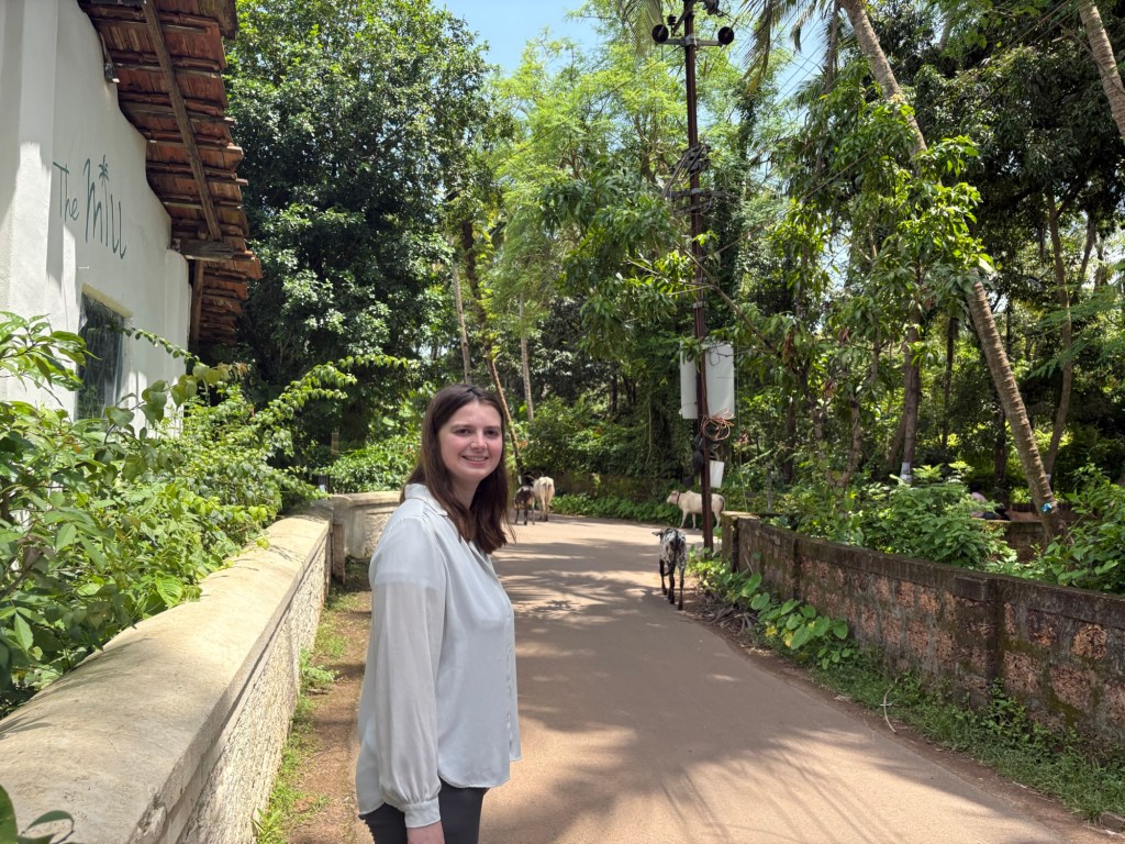 Emily walking along a leafy lane with goats in South Goa